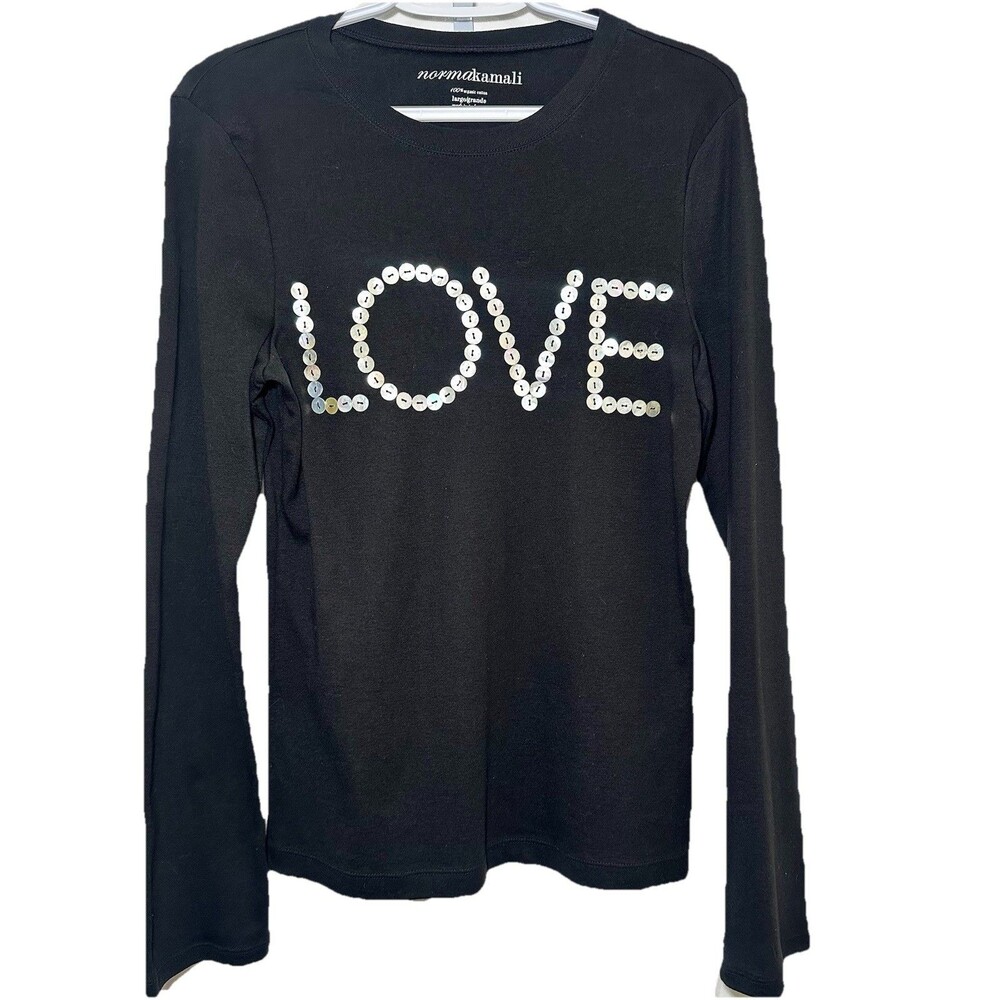 NWT Norma Kamali LOVE Button Graphic Long Sleeve Tee Black Large